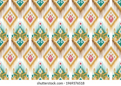 Ethnic Indian ikat seamless pattern design. Aztec fabric carpet mandala ornament native boho rococo tribal chevron textile wallpaper decoration. Geometric African American vector illustrations.
