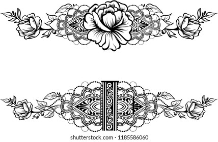 Ethnic indian line art border in mehendi ethnic style on a white background, mehendi template