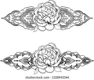 Ethnic indian line art border with flowers