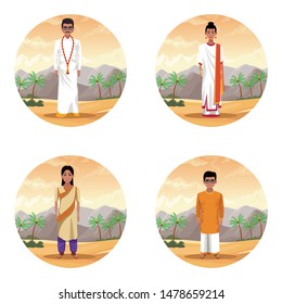 Ethnic indian people in desert cartoon set of round icons