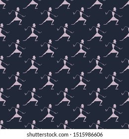 Ethnic Indian traditional dance seamless pattern on a dark blue background, vector