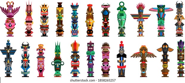 Ethnic indigenous tribal totem pole with tiki mask and eagle. Traditional ceremonial religious god figure for sacrifice and spiritualistic ritual vector illustration isolated on white background