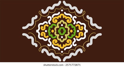 Ethnic Indonesian Pattern Vector Illustration, Traditional Ornamental Design with Symmetrical Floral and Abstract Motifs in Earthy Tones, Textile, Packaging, and Digital Art