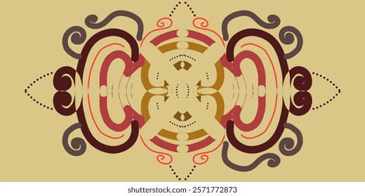 Ethnic Indonesian Pattern Vector Illustration, Traditional Ornamental Design with Symmetrical Floral and Abstract Motifs in Earthy Tones, Textile, Packaging, and Digital Art