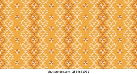 Ethnic inspired, hand drawn, artistic seamless pattern in vector format. Traditional mesh of triangle diamond-shaped figures poured with golden and cream hues creates sophisticated design.