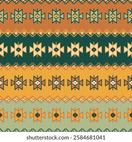 Ethnic inspired, hand drawn, artistic seamless pattern in vector format. Traditional motif figures poured with green,terracotta and yellow in modern hues creating intricating design.