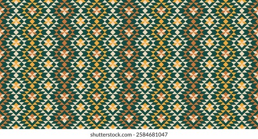 Ethnic inspired, hand drawn, artistic seamless pattern in vector format. Traditional mesh of diamond-shaped figures poured with green,terracotta and yellow in modern hues creates intricating design.