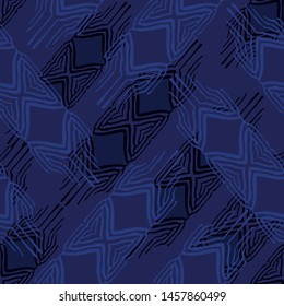 Ethnic inspired seamless vector pattern with rhombus shapes in navy and deep blue to intensive purple blue overlay.
