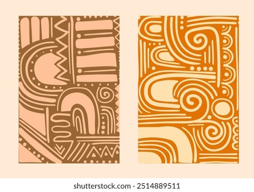 ethnic interior wall art with symbols. vertical decoration pattern with shapes, lines, elements. Hand drawn vector illustration