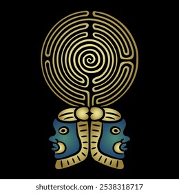 Diseño étnico janiforme con dos cabezas del antiguo dios egipcio Bes sosteniendo un laberinto en espiral redondo o un símbolo de laberinto. Arte dorado y azul sobre fondo negro.