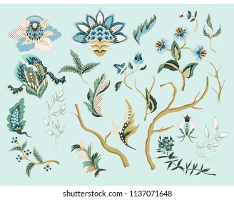 Ethnic Japanese ornament elements. Folk flowers and leaves for print or embroidery.