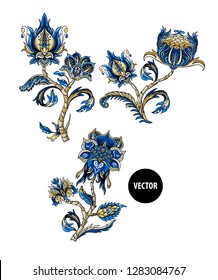 Ethnic Japanese ornament elements. Folk flowers and leaves 