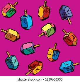 Ethnic judaic chanukkah draydl on crimson table. God torah nun chanukah gimel dreydl icon. Holy jew hanukah dreidle backdrop. Bright color hand drawn zion hannukah in retro art sevivon cartoon style