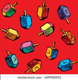 Ethnic judaic chanukkah draydl on red table. God torah nun chanukah gimel dreydl icon. Holy jew hanukah dreidle card backdrop. Bright color hand drawn zion hannukah in retro art sevivon cartoon style