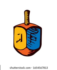 Ethnic judaic chanukkah draydl on white table. God torah nun chanukah gimel dreydl logo. Holy jew hanukah dreidle text card. Bright color hand drawn zion hannukah in retro art sevivon cartoon style