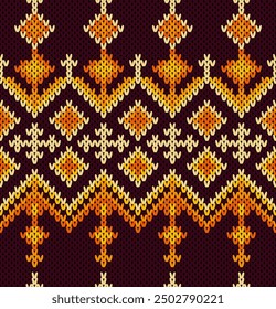 Ethnic knitting Pattern Embroidery. Cozy warm color geometric pattern.  Vector Illustration Background for Textile Print Design.