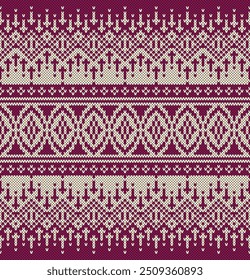 Ethnic knitting Pattern Embroidery. Cozy red color geometric pattern. Vector Illustration Design for background, wallpaper, fabric, clothing, printing, illustration, carpet, decorative, textile, embro