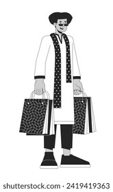 Ethnic kurta latino man holding gift bags black and white 2D line cartoon character. Hispanic guy isolated vector outline person. Hindu festival lights Deepawali monochromatic flat spot illustration