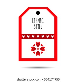 Ethnic label with flower logo in red, white and black colors. Ethnic label isolated on the white background. Stylish label with flat flower logo. Vector.