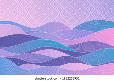 Ethnic landscape. Japanese background with line wave pattern vector. Sunset, sunrise in the mountains. Abstract template with geometric pattern. Mountain layout design in oriental style.