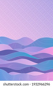 Ethnic landscape. Japanese background with line wave pattern vector. Sunset, sunrise in the mountains. Abstract template with geometric pattern. Mountain layout design in oriental style.