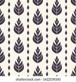 Ethnic leaf motif stripes scandi style. Vector seamless pattern. Folk art nature lino cut textiles swatch. Modern monochrome home decor. Isolated motif. Trendy plant leaves foliage all over print.