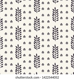 Ethnic leaf motif stripes scandi style. Vector seamless pattern. Folk art nature lino cut textiles swatch. Modern monochrome home decor. Isolated motif. Trendy plant leaves foliage all over print.