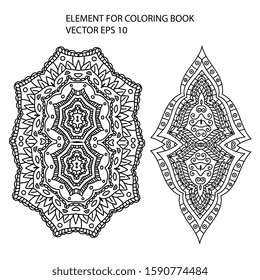 Ethnic line art elements for coloring books. Decorative round ornaments. Abstract flower and star shapes. Oriental vector, Anti-stress therapy. Geometry design elements. Mystic logo Vector. 