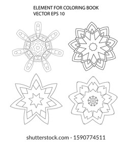 Ethnic line art elements for coloring books. Decorative round ornaments. Abstract flower and star shapes. Oriental vector, Anti-stress therapy. Geometry design elements. Mystic logo Vector. 