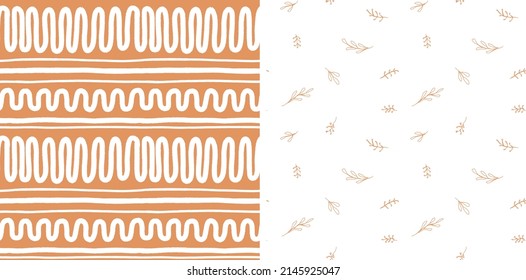 Ethnic line and leaf seamless pattern set in soft terracotta and white colours. Curvy, zig zag design for home decor textile, kitchen towel fabric.