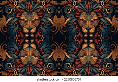 Ethnic lion fabric pattern. Abstract traditional folk antique graphic line lion. Fabric textile lion vector illustration ornate elegant luxury vintage retro style. Art print design for clothing etc.