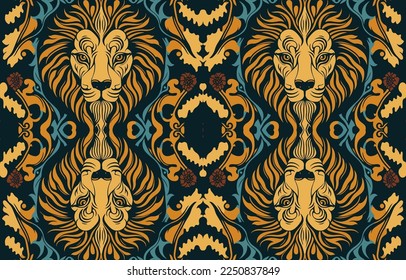 Ethnic lion fabric pattern. Abstract traditional folk antique graphic line lion. Fabric textile lion vector illustration ornate elegant luxury vintage retro style. Art print design for clothing etc.