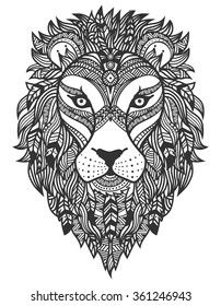 Ethnic lion. A tattoo of a Lion with an ornament. Totem. Hand Drawn vector illustration