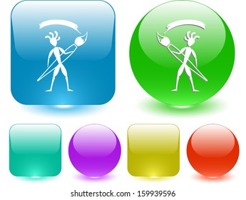 Ethnic little man with brush. Vector interface element.