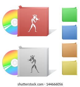 Ethnic little man with camera. Box with compact disc.
