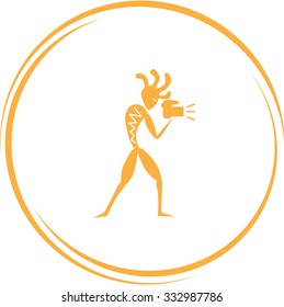 pequeño hombre étnico con cámara. botón Internet. Icono del vector.