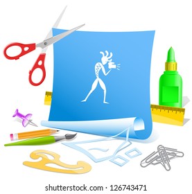 Ethnic little man with camera. Paper template. Raster illustration.