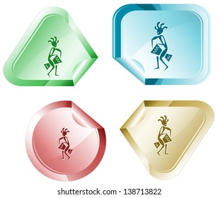 Ethnic little man with drum. Vector sticker.
