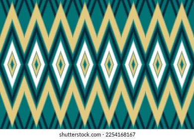 Ethnic Local ikat Fabric Pattern Geometric Shapes, Colors, Deep Lake Green Background, Contrasting With Yellow, White Can be Used to Cut Textile Fashion Design Clothes, Bed Sheets, Pillow Cases, Scarv