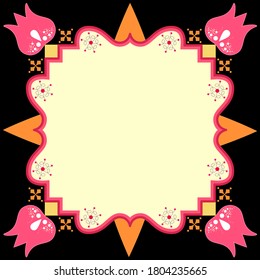 Ethnic lotus border. Patterns frame. Blank vector border. Illustration for decoration. Diwali rangoli style. Pink and orange nature design. Vector for wedding banners greetings web and fashion.