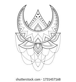 Ethnic lotus mandala with moon for greeting card, invitation, Henna drawing and tattoo template. Moon
 tattoo. Vector illustration