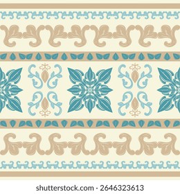 Ethnic Luxury Damask Atlantis Inspired Scroll Ornament on Beige Background. Medieval Gold Viridian Blue Intricate Florals Border Pattern Baroque Style Perfect for Embroidery Silk Tiles Lace Ceramics