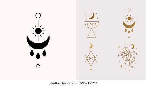 Ethnic Magic and Mystical Logo Set with sun, hexagram, moon, blessing, cup symbols in Vector
