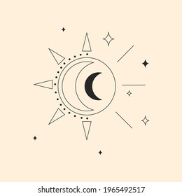 Ethnic Magic and Mystical Logo Set with sun, moon, stars symbols in Vector. For print, cover, catd, tattoo.