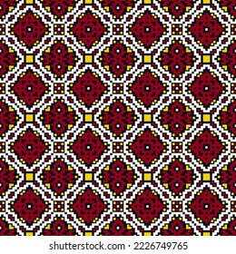 Patrón de diseño tradicional malasio étnico para fondo, alfombra, papel pintado, ropa, envoltura, batik, tela, ilustración vectorial flor roja geométrica oriental y estilo de bordado de línea de arte de cuadrícula.