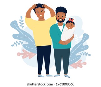 Ethnic male couple with a baby. Two sad and frightened men are holding a crying newborn. Vector illustration. LGBT family with newborn daughter, stressful situation. Family life and emotions concept
