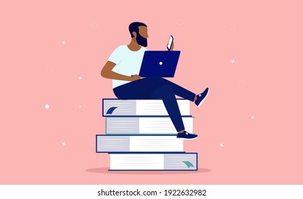 Ethnic man doing online education sitting on books with laptop and smartphone. E-learning, gaining knowledge and self improvement concept. Vector illustration.