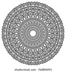 Ethnic Mandala for Adult Coloring Book. Black and White Round Pattern in Moroccan Style. Lacy Snowflake for Winter Background. Outline Medallion in Zentangle Ethnic Style. Vintage Round Print