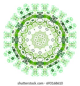 Ethnic mandala with colorful ornament. Isolated. Illustration on doodle style. Abstract green mandala