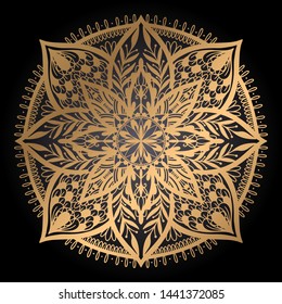 Ethnic Mandala decoration.Boho chic oriental motif. Gold color in black background.Vector illustration.